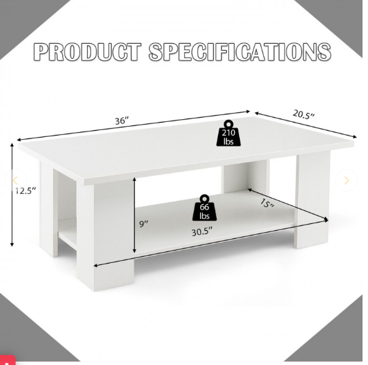 Large 36 Inch 2-tier Wooden Modern Coffee Table with Storage Shelf (Fully Assembled)