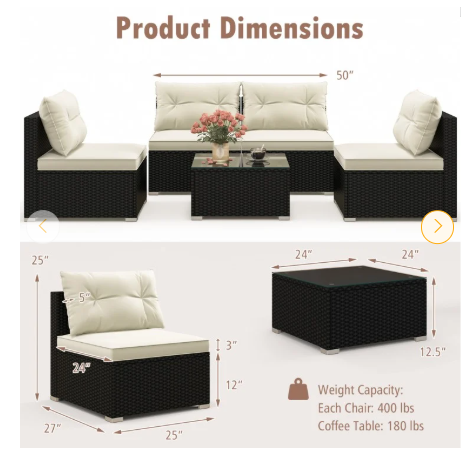 SPECIAL - 5 Piece Outdoor Furniture Set with Solid Tabletop and Soft Cushions-White (Assembled)