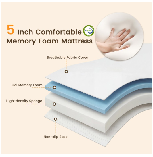 Twin Size Folding Bed with 5-inch Mattress and Metal Frame for Apartment