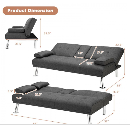 Convertible Folding Futon Sofa Bed Fabric with 2 Cup Holders-Grey