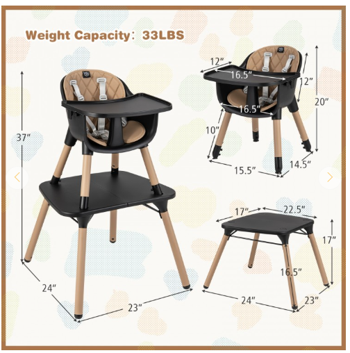 5-in-1 Baby Wooden Convertible High Chair - Black/Coffee
