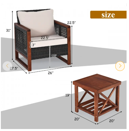 3 Pieces Acacia Wood Patio Furniture Set with Coffee Table (Assembled)