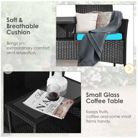 Patio Rattan Cushioned Table Chairs Chat Set - Ours is Turquois (Assembled)
