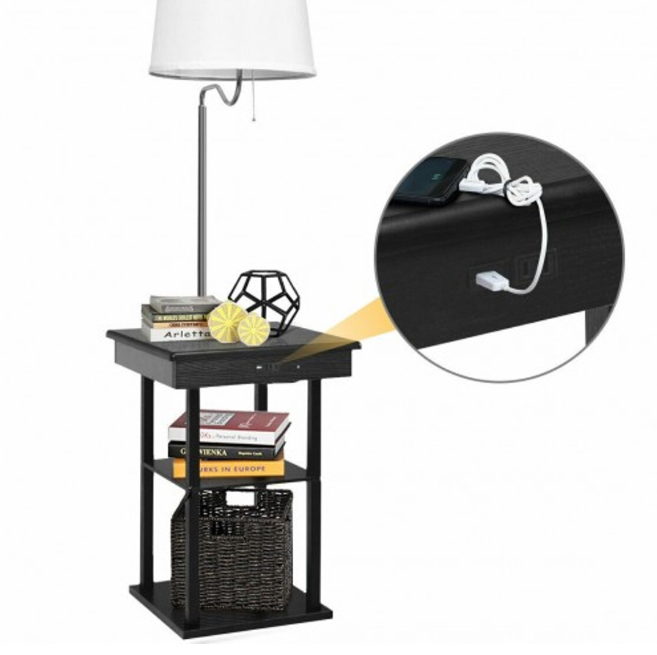 Floor Lamp Bedside Desk with USB Charging Ports Shelves