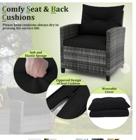 3 Pieces Outdoor Wicker Conversation Set with Tempered Glass Tabletop-Black (Assembled)