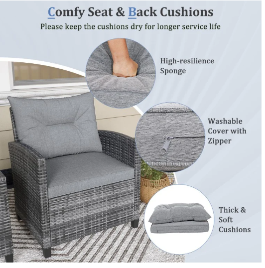 3 Pieces Outdoor Wicker Conversation Set with Tempered Glass Tabletop-Grey(Manufactures Error) (Assembled)