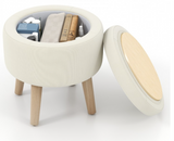 Round Storage Ottoman with Rubber Wood Legs and Adjustable Foot Pads