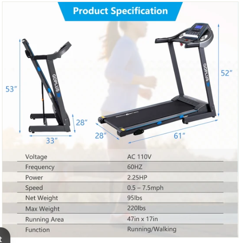 2.25 HP Folding Electric Motorized Power Treadmill with Blue Backlit LCD Display (Shipping Damage)
