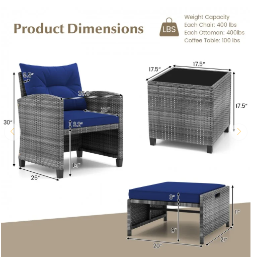 5 Pieces Patio Rattan Sofa Ottoman Furniture Set with Cushions-Ours is Grey (Fully Assembled)
