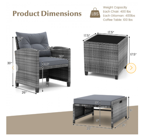 5 Pieces Patio Rattan Sofa Ottoman Furniture Set with Cushions-Grey (Fully Assembled)