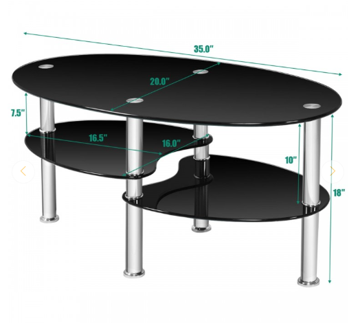 Tempered Glass Oval Side Coffee Table-Black (Scratch and Dent)