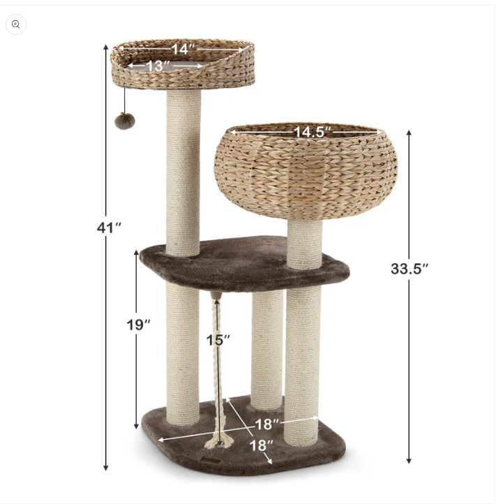 41 Inch Rattan Cat Tree with Napping Perch, fully assembled