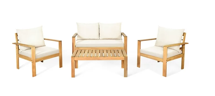 Brown 4-Pieces Wood Patio Conversation Set with cream Cushions - Assembled