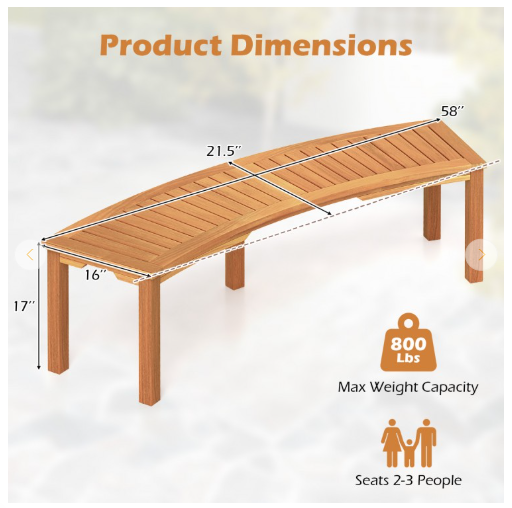 Outdoor Curved Acacia Wood Fire Pit Bench with Slatted Seat (Fully Assembled)