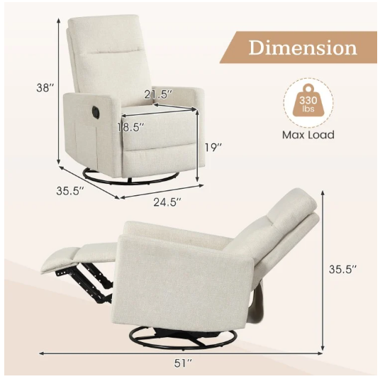 Swivel Rocking Chair 360° Nursery Reclining Rocker Armchair with Cushioned Back