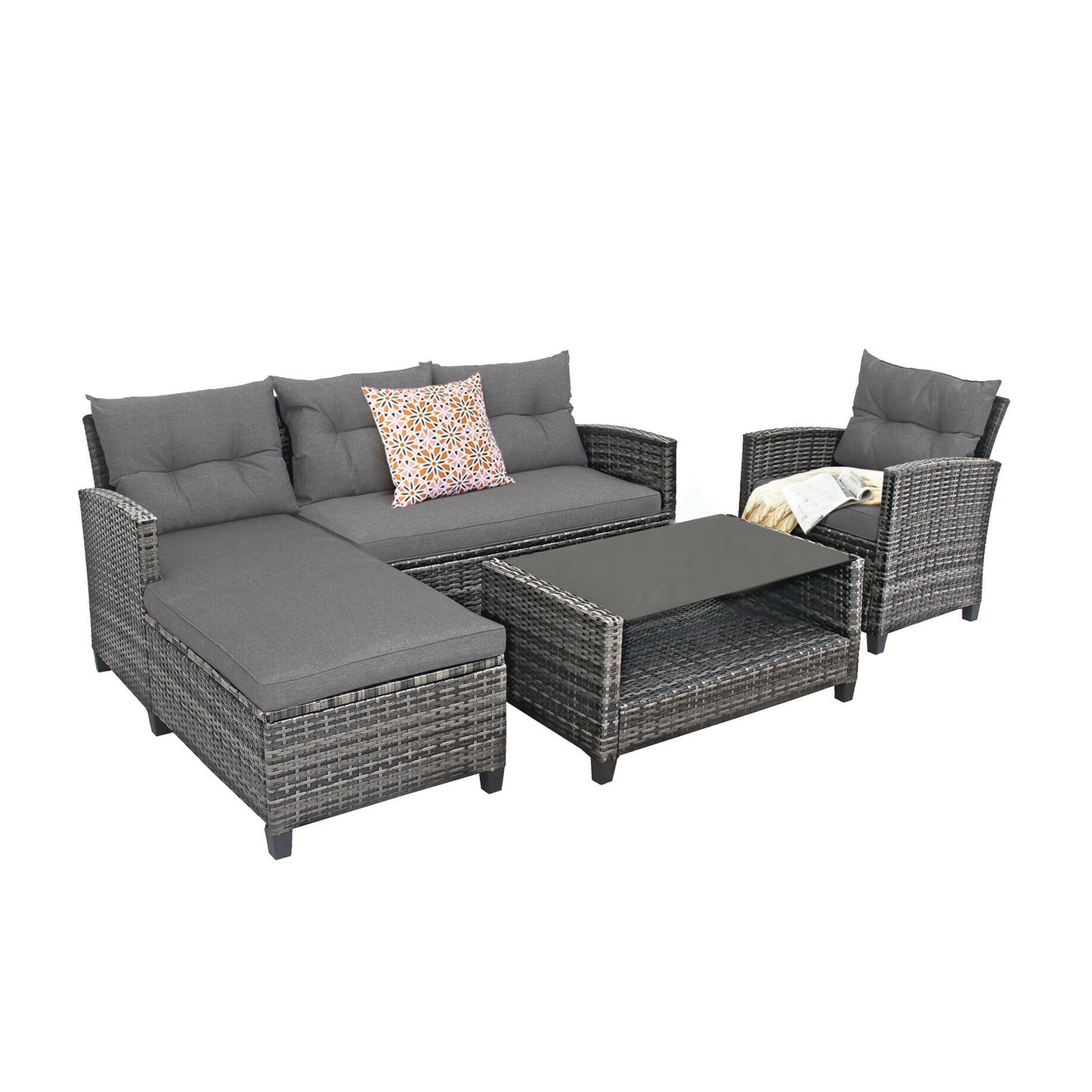 4 Pieces Patio Rattan Furniture Set with Cushion and Table Shelf-Gray (Assembled)