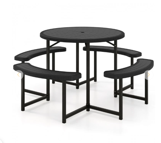 Round Picnic Table Bench Set with 4 Benches and Umbrella Hole for Patio Lawn (Assembled)