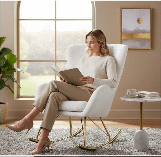 Nursery Rocking Chair with Curved Backrest and Armrests-White