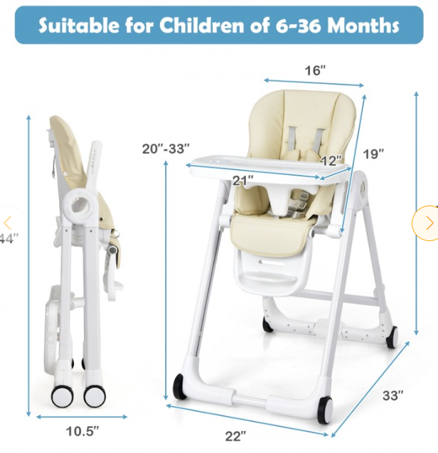 Baby Folding Convertible High Chair w/Wheel Tray Adjustable Height Recline Grey