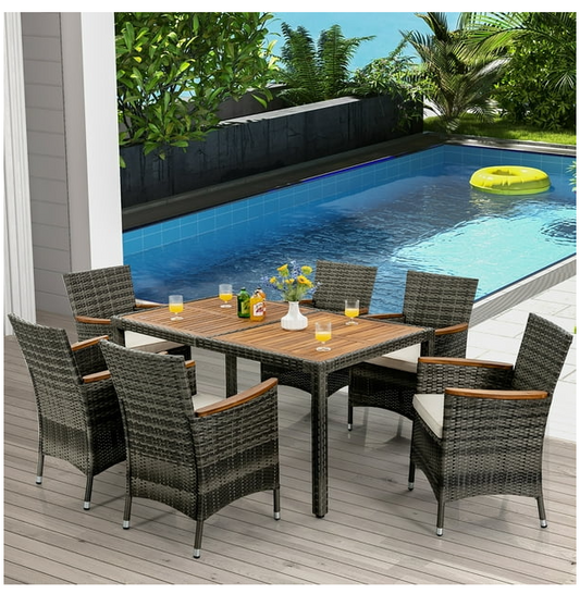 7PCS Patio Rattan Dining Set Acacia Wood Table Cushioned Chair Mix Gray