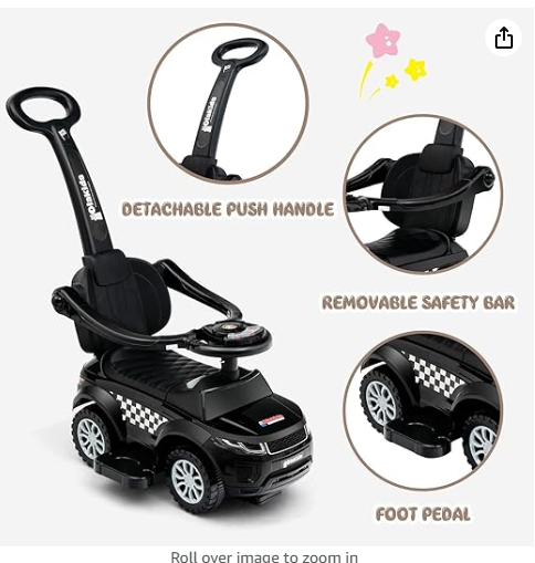 4 in 1 Ride on Push Car, Toddlers Stroller Sliding Walking with Horn, Music, Lights, Removable Guardrails and Handle, Underneath Storage, Foot-to-Floor Walker for Boys Girls (Dark)