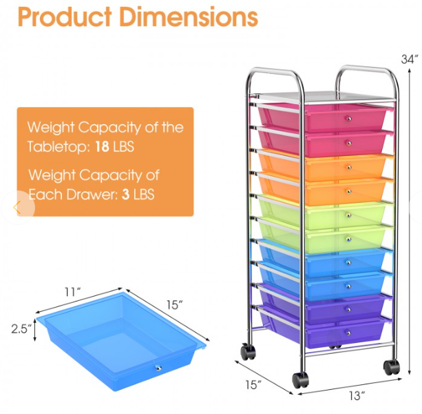 10 Drawer Rolling Storage Cart Organizer with 4 Universal Casters, Scratch and Dent