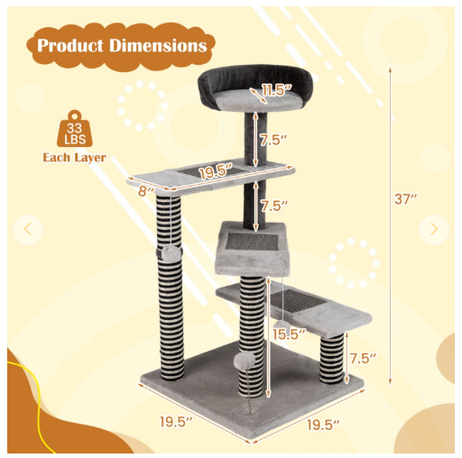 93 CM Tall Cat Tree Kitten Tower with Sisal and Jute Scratching Posts (Assembled)