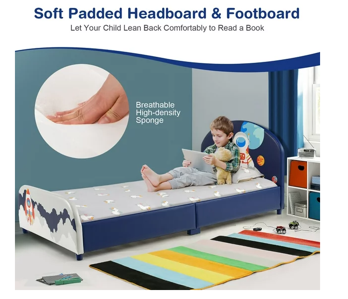 Kids Upholstered Platform Bed Frame,  Astronaut Pattern, Scratch & Dent