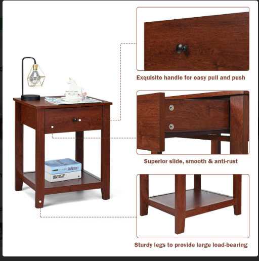 Set of 2 Nightstand with Storage Shelf and Pull Handle