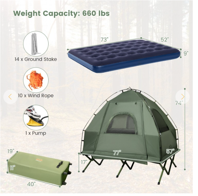 2-Person Foldable Outdoor Camping Tent Cot with Air Mattress and Sleeping Bag