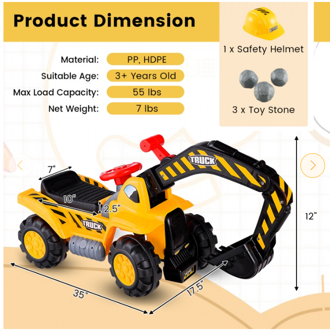 Ride on Push Car Bulldozer Digger Toy with Safety Helmet and Working Shovel