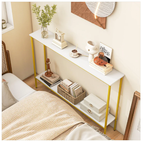 White/Gold Console Table with Shelf, 44" Narrow Entryway Table  (Fully Assembled)