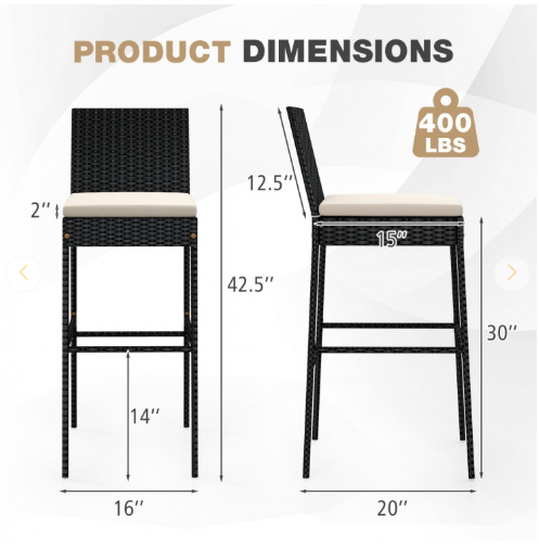 4 Pieces Patio Wicker Barstools with Seat Cushion and Footrest (Assembled)