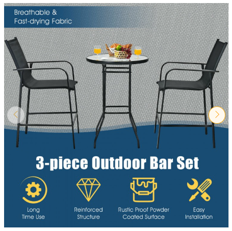 3 Pieces Outdoor Patio Bar Table Stool Set-Black (Assembled)
