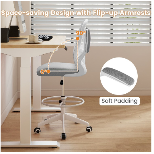 Height Adjustable Drafting Chair with Flip Up Arms for Home Office-Gray