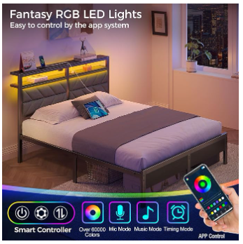 Bed Frame Queen Size with LED/Charging Station, Grey - (1 Box, Unassembled)