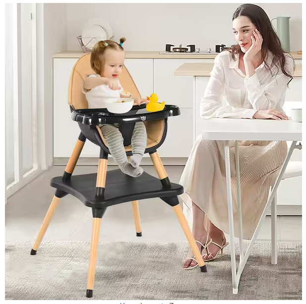 Coffee 5-in-1 Baby High Chair Infant Wooden Convertible Chair 5-Point Seat Belt