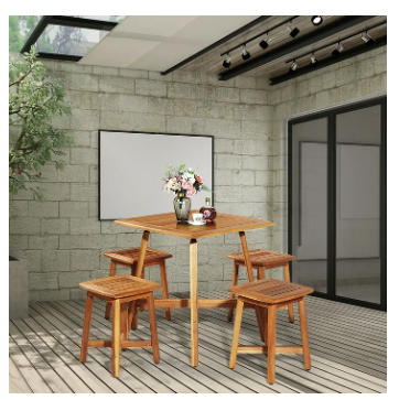5PCS Acacia Patio Dining Set W/Square Table & 4 Stools Reddish Brown - (Scratch and Dent)
