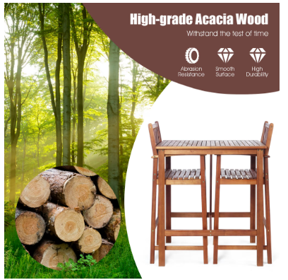 3PCS Bar Set Acacia Wood Bar Height Patio Bistro Dining Set Outdoor (Assembled)