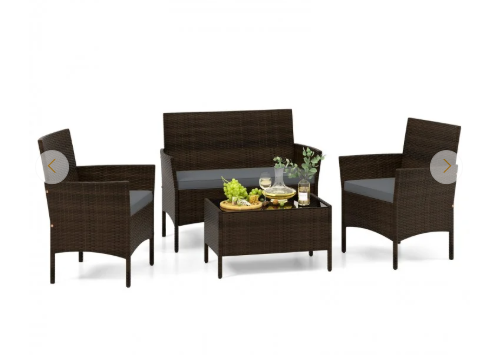 4 Piece Patio Rattan Conversation Set with Cozy Seat Cushions-Grey  (Assembled)