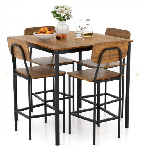 5-Piece Counter-Height Dining Bar Table Set with 4 Bar Chairs-Walnut (Fully Assembled)