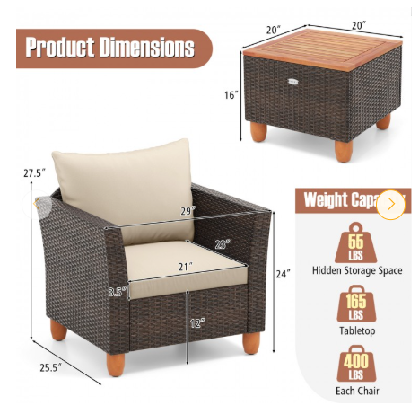 3 Pieces Patio Furniture Set and Acacia Wood Storage Coffee Table-Beige (Assembled)