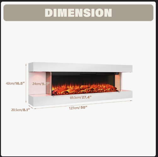50 Inch 3-Sided Wall Mounted Electric Fireplace (No Remote Control) (1 Box)