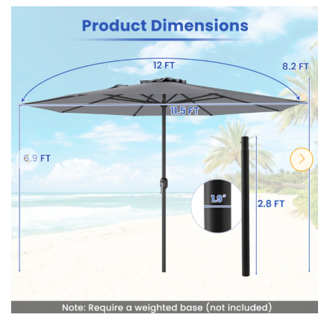 12 Feet Patio Umbrella with Crank Handle and 8 Sturdy Ribs-Gray