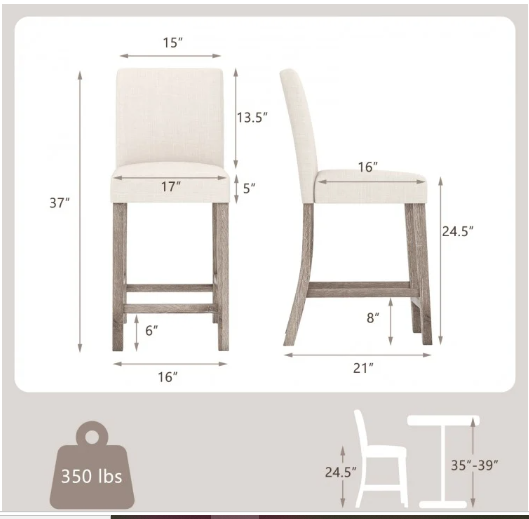 Set of 2 Counter Height Bar Stools with Back and Footrest - Assembled