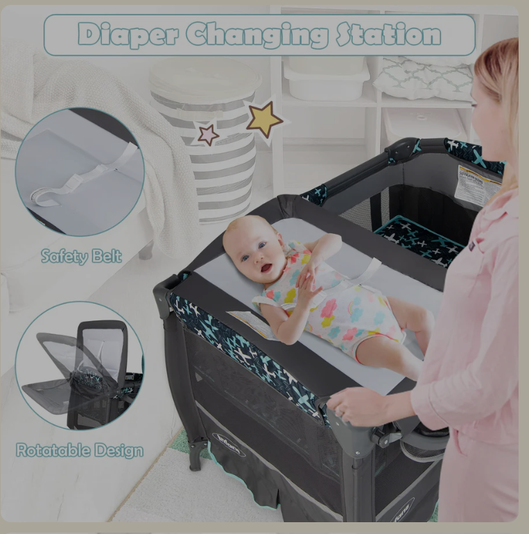 4 in 1 Portable Baby Crib with Flip-Away Changing Table, Foldable Playard Bassinet Nursery Center