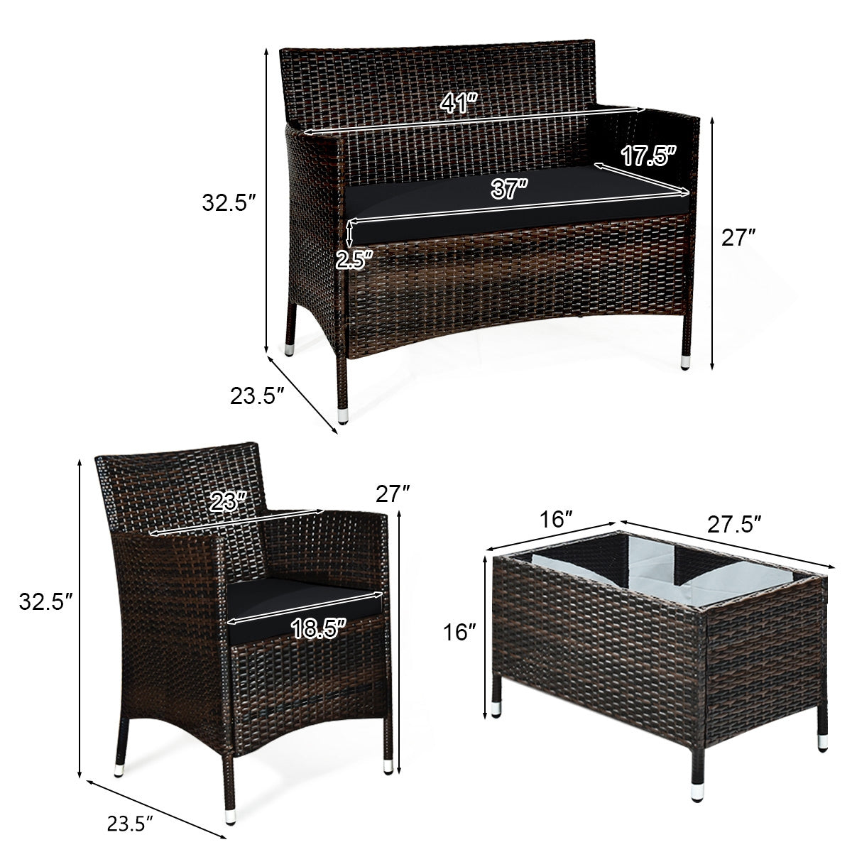 4 Pieces Rattan Sofa Set with Glass Table and Comfortable Wicker for Outdoor Patio-Black, Fully Assembled