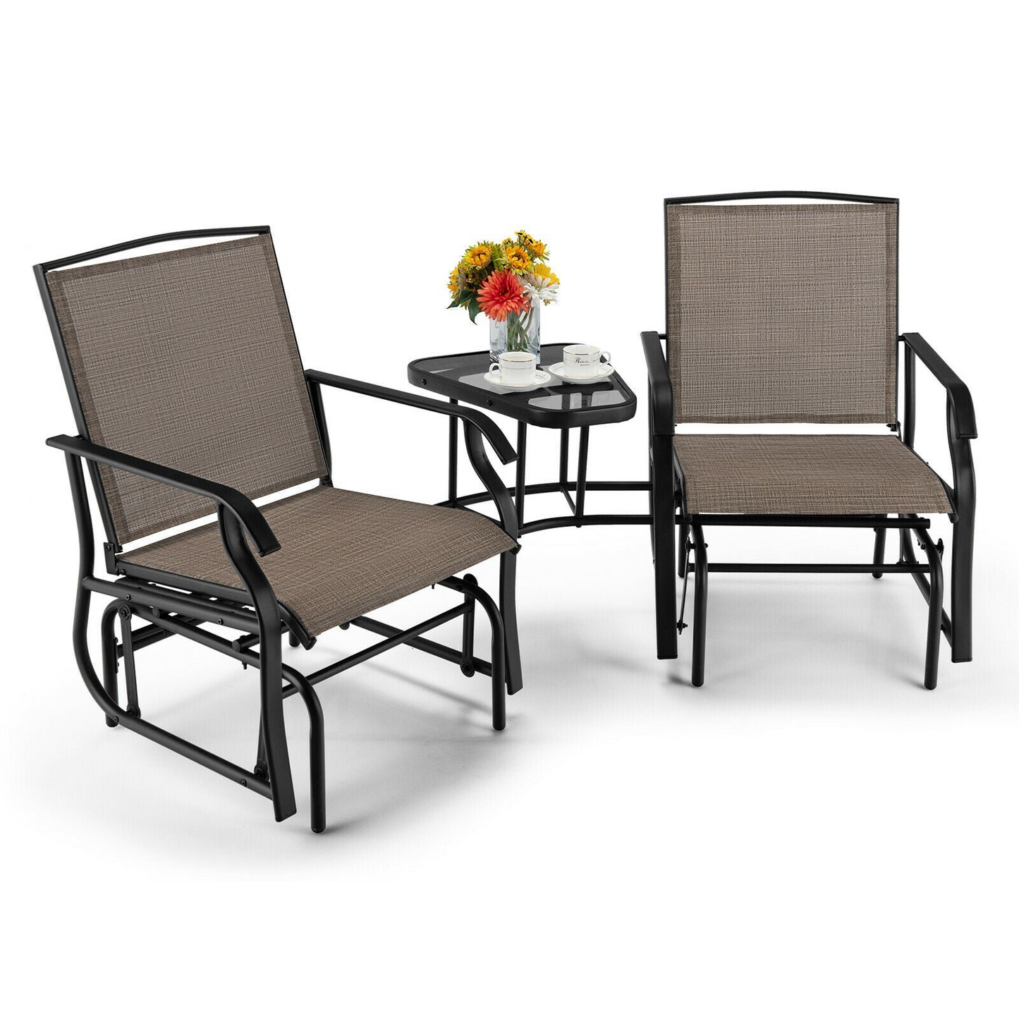 Double Swing Glider Rocker Chair set with Glass Table