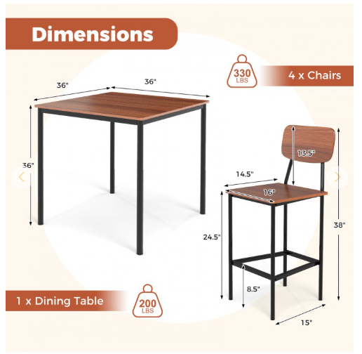 5-Piece Counter-Height Dining Bar Table Set with 4 Bar Chairs-Walnut (Fully Assembled)