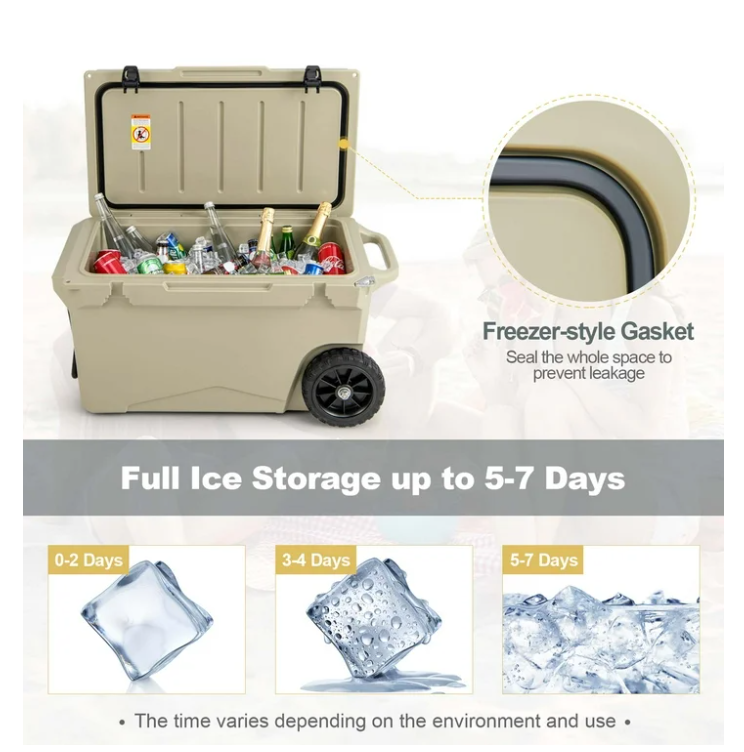 75 Qt Portable Cooler Roto Molded Ice Chest Insulated 5-7 Days with wheels Handle -  Tan